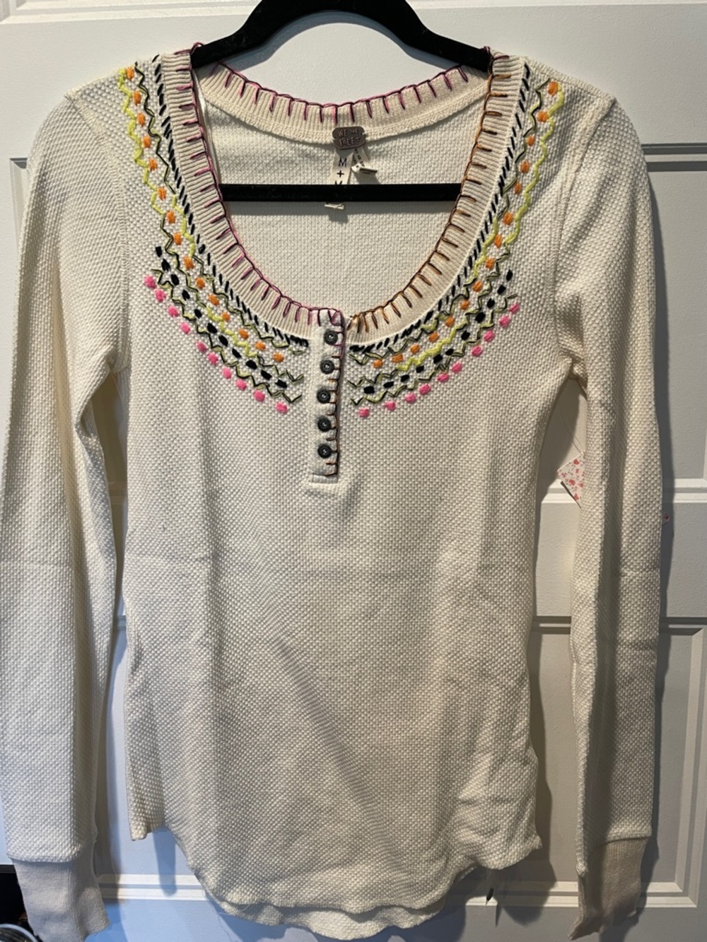 Free People Cream Long Sleeve Henley with Multicolor Embroidery- new with tags